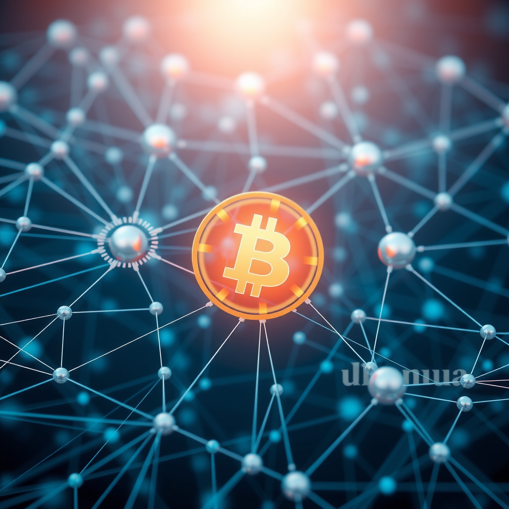 Modern blockchain technology visualization showing interconnected nodes and decentralized network architecture with digital data streams