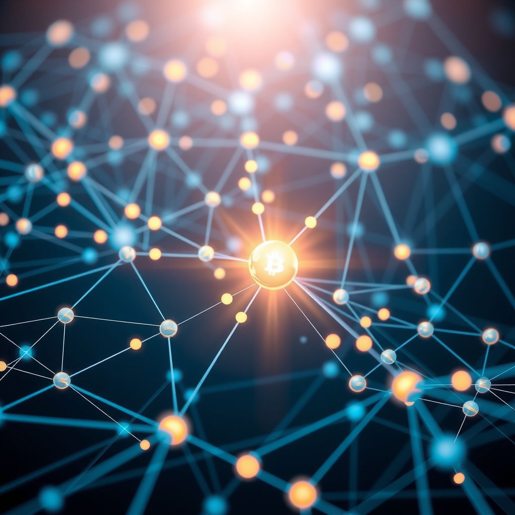 Abstract visualization of blockchain network with interconnected nodes, digital pathways, and glowing connection points representing decentralized technology infrastructure
