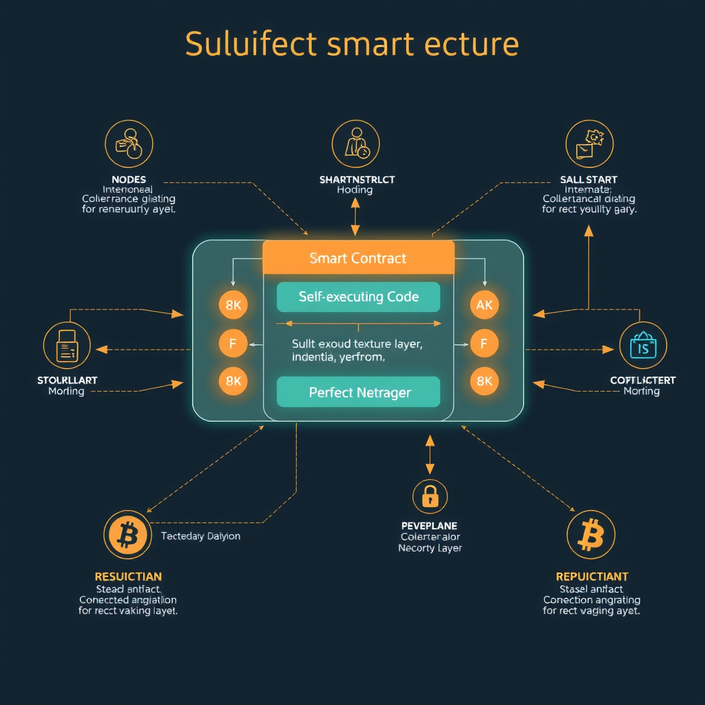 Detailed technical diagram showing smart contract architecture with blockchain nodes, code execution flow, and decentralized network connections. Visual representation of self-executing code on distributed ledger technology with cryptographic security layers