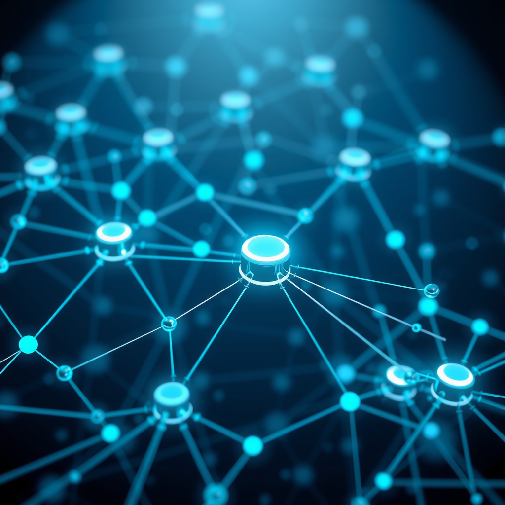 Abstract visualization of a decentralized storage network showing interconnected nodes in a peer-to-peer architecture with data flowing between distributed servers, featuring glowing blue and teal connections against a dark technological background