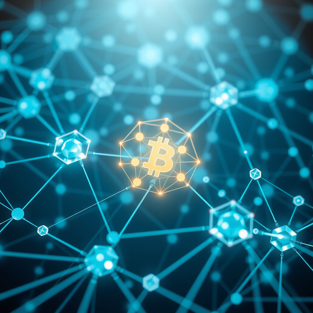 Abstract visualization of interconnected blockchain network nodes with glowing connections representing consensus mechanisms, featuring geometric patterns and digital elements in teal and blue tones