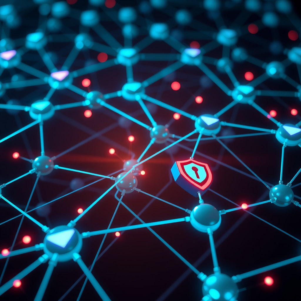 Abstract visualization of blockchain network with encrypted data flows, showing interconnected nodes with privacy shields and cryptographic elements in deep teal and electric blue colors