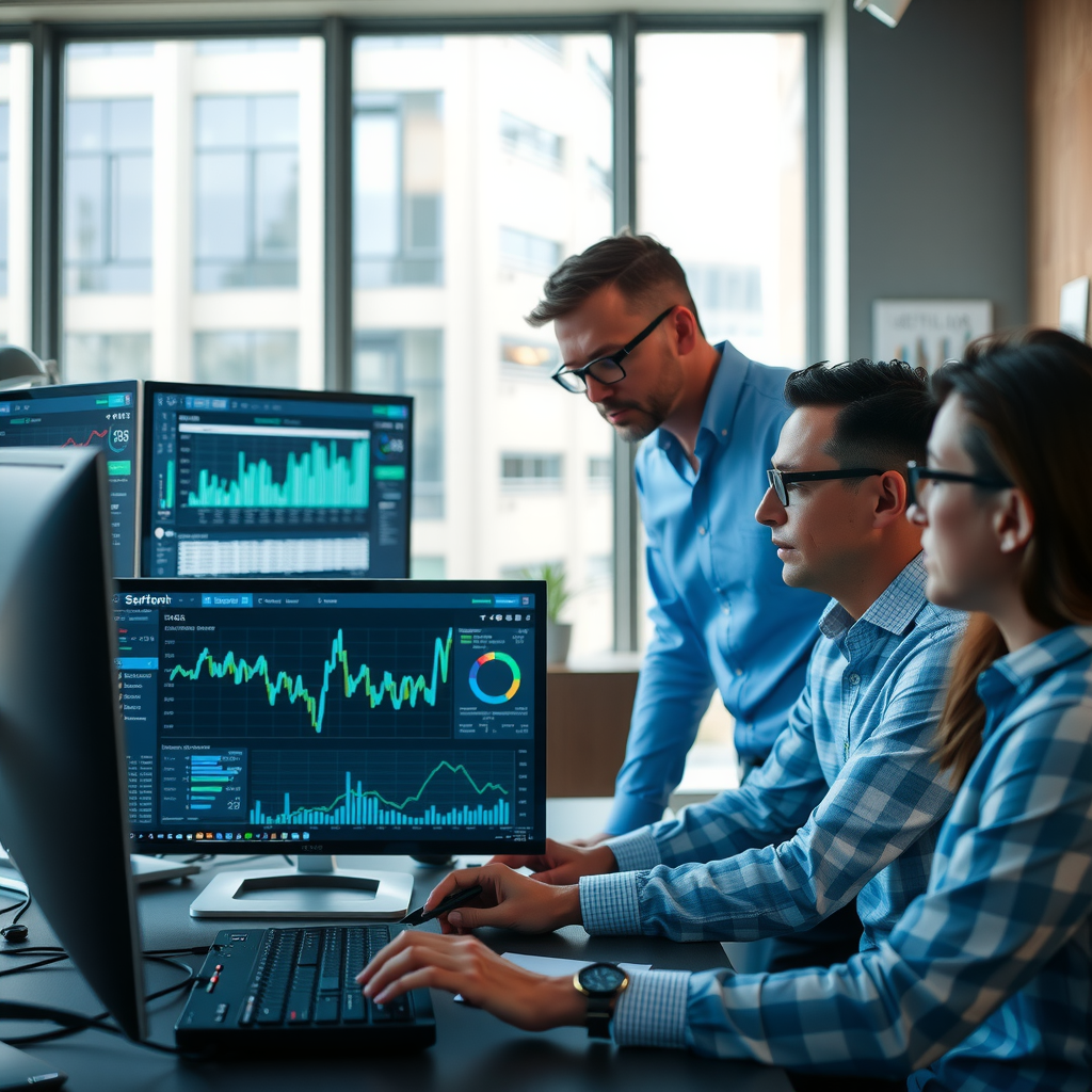 Professional technology team collaborating while analyzing blockchain network data, transaction flows, and decentralized system metrics on multiple computer screens in modern office environment