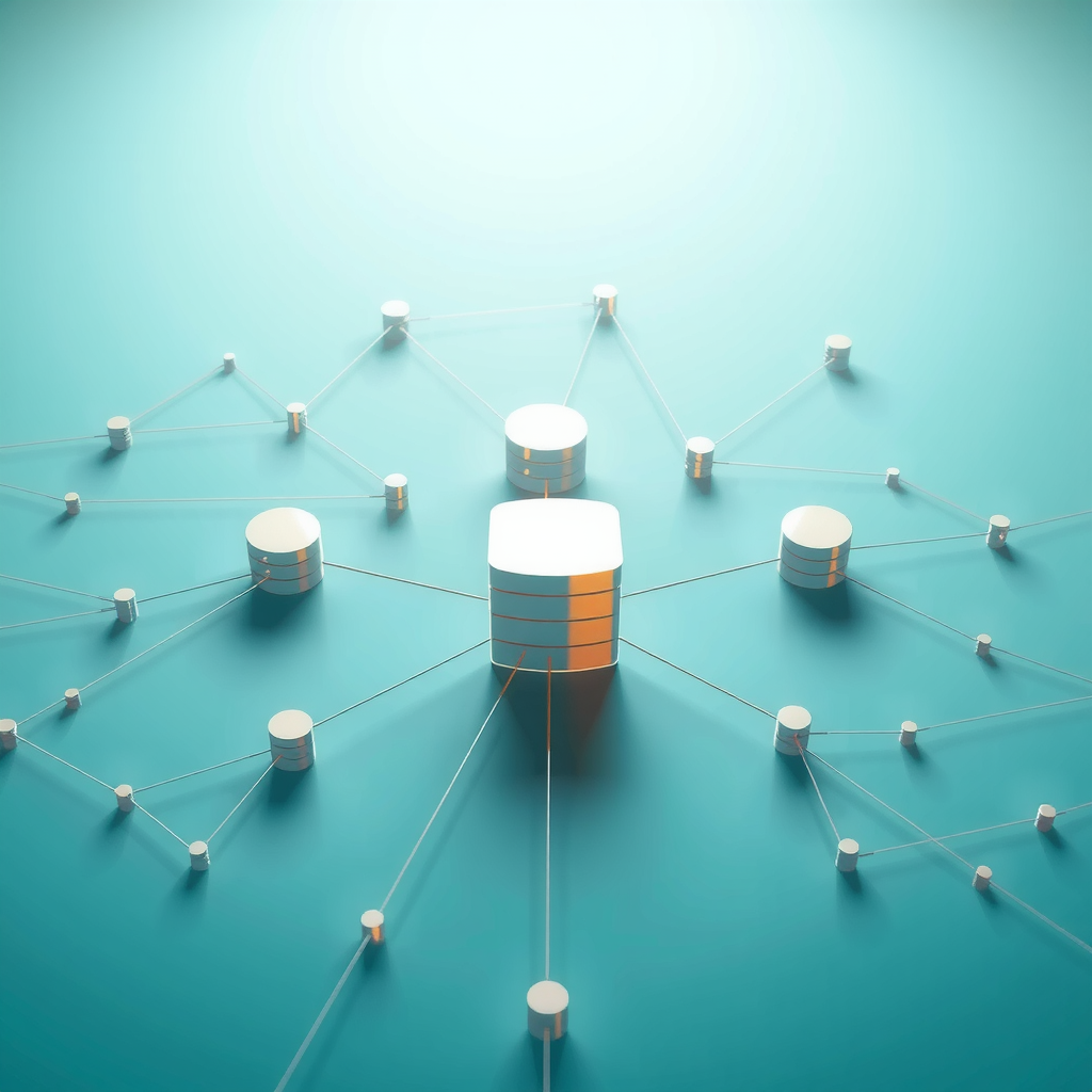 Visual representation of distributed storage network with interconnected nodes, data fragments, and peer-to-peer connections across a light teal background