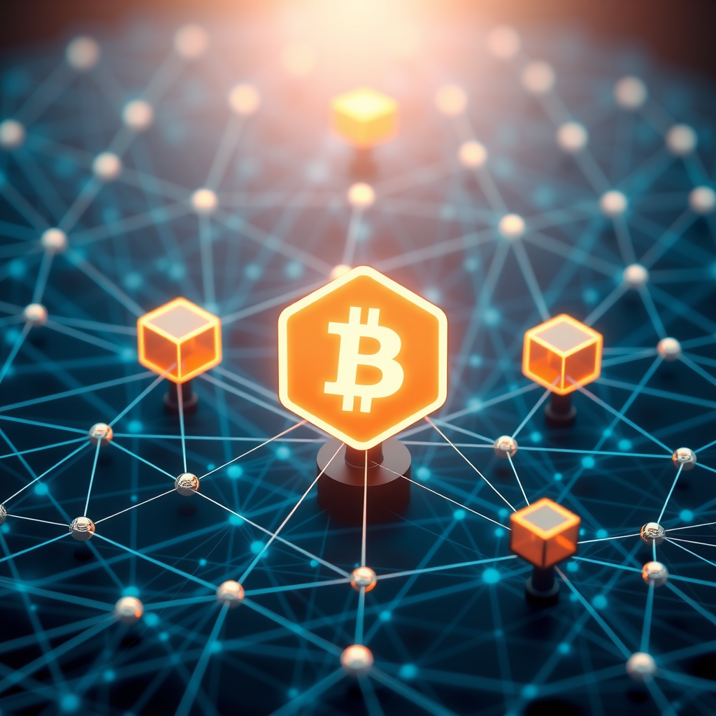 Illustration of blockchain network showing distributed nodes, consensus mechanisms, and smart contract deployment across decentralized infrastructure. Visual representation of peer-to-peer network architecture with cryptographic validation