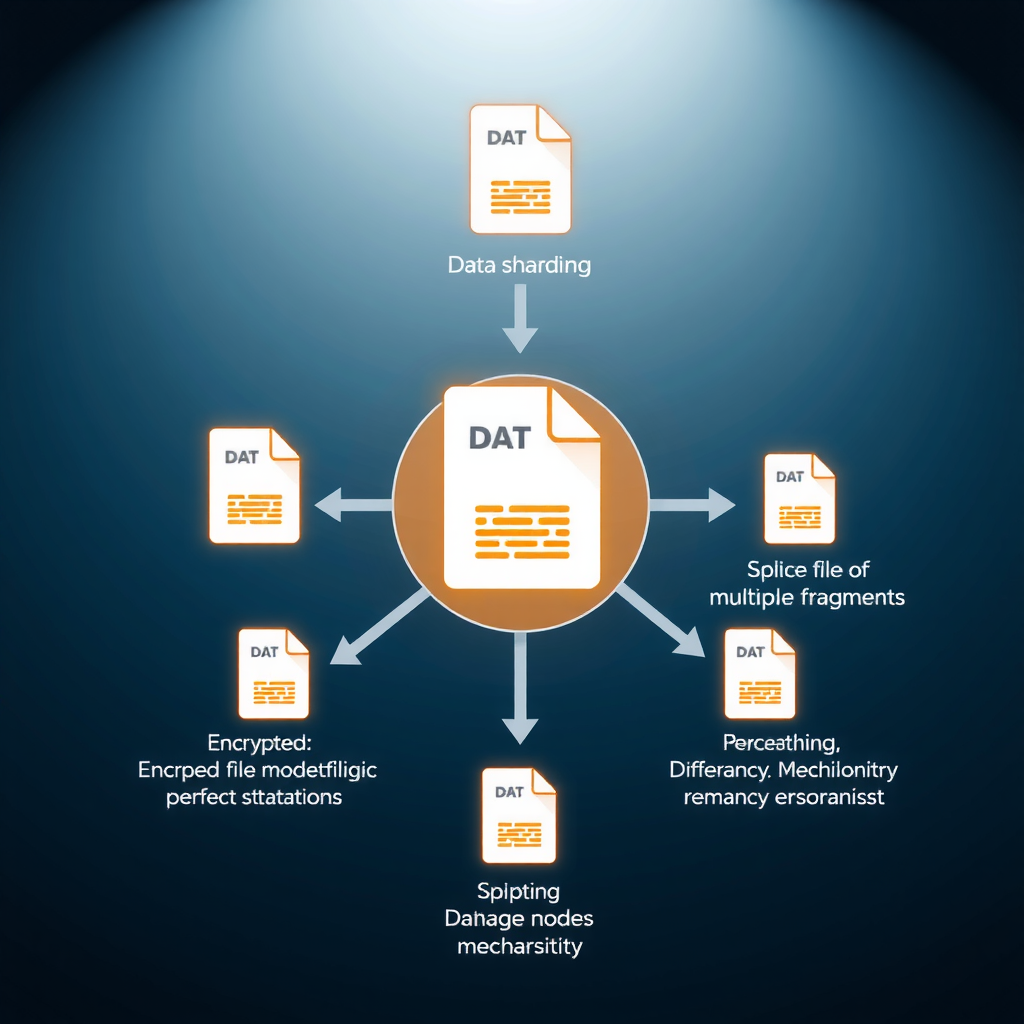 Diagram illustrating the data sharding process in decentralized storage, showing how a single file is encrypted, split into multiple fragments, and distributed across different network nodes with redundancy mechanisms