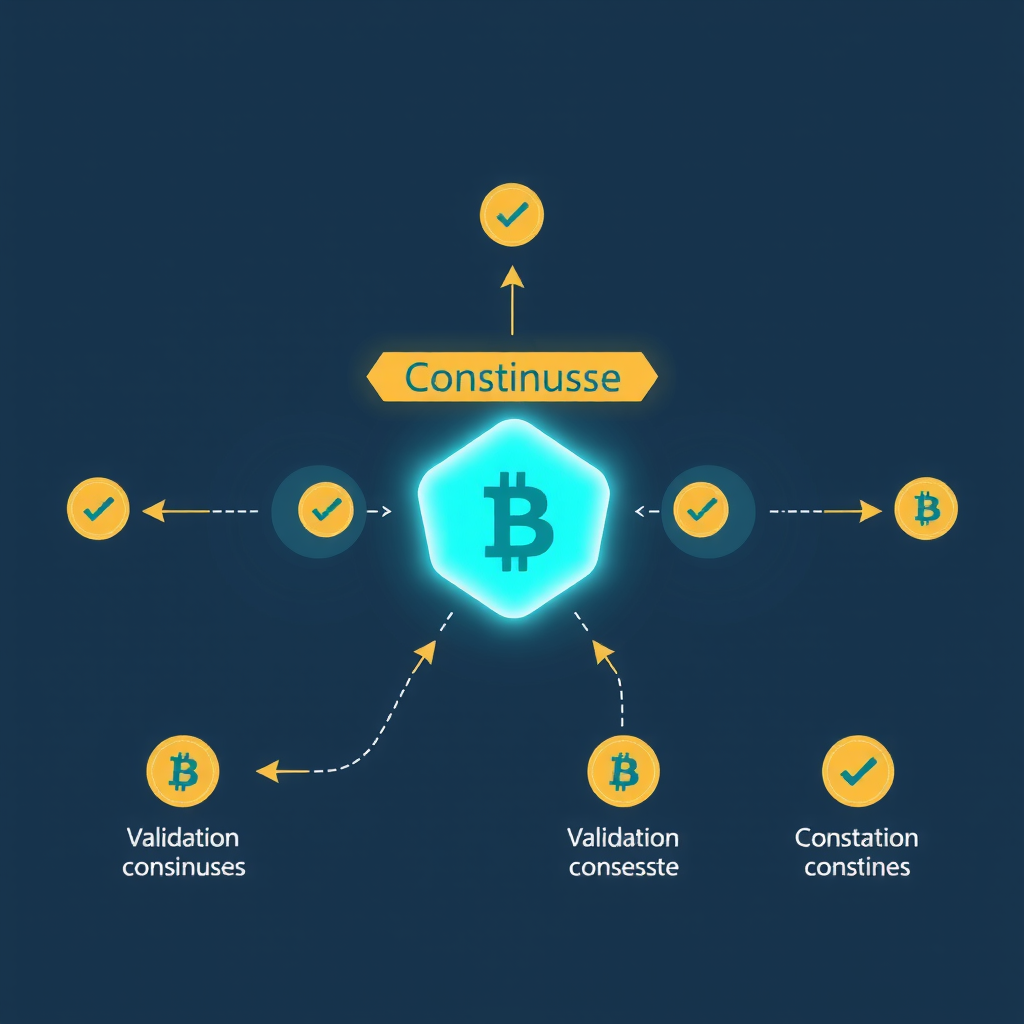 Diagram illustrating the consensus process flow in blockchain networks, showing nodes communicating and reaching agreement through validation steps, with arrows and checkmarks indicating successful consensus