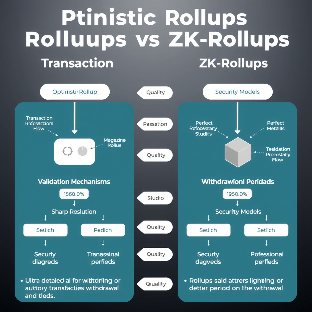 Side-by-side comparison infographic of Optimistic Rollups and ZK-Rollups showing transaction flow, validation mechanisms, withdrawal periods, and security models with technical diagrams and data flow arrows