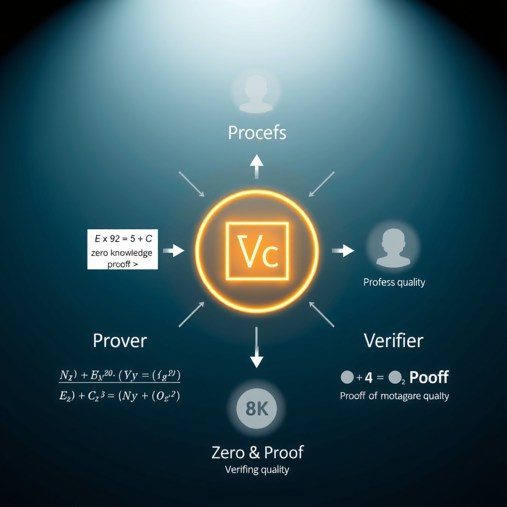 Diagram illustrating zero-knowledge proof concept with prover and verifier exchanging cryptographic proofs, showing mathematical formulas and verification process in professional tech style