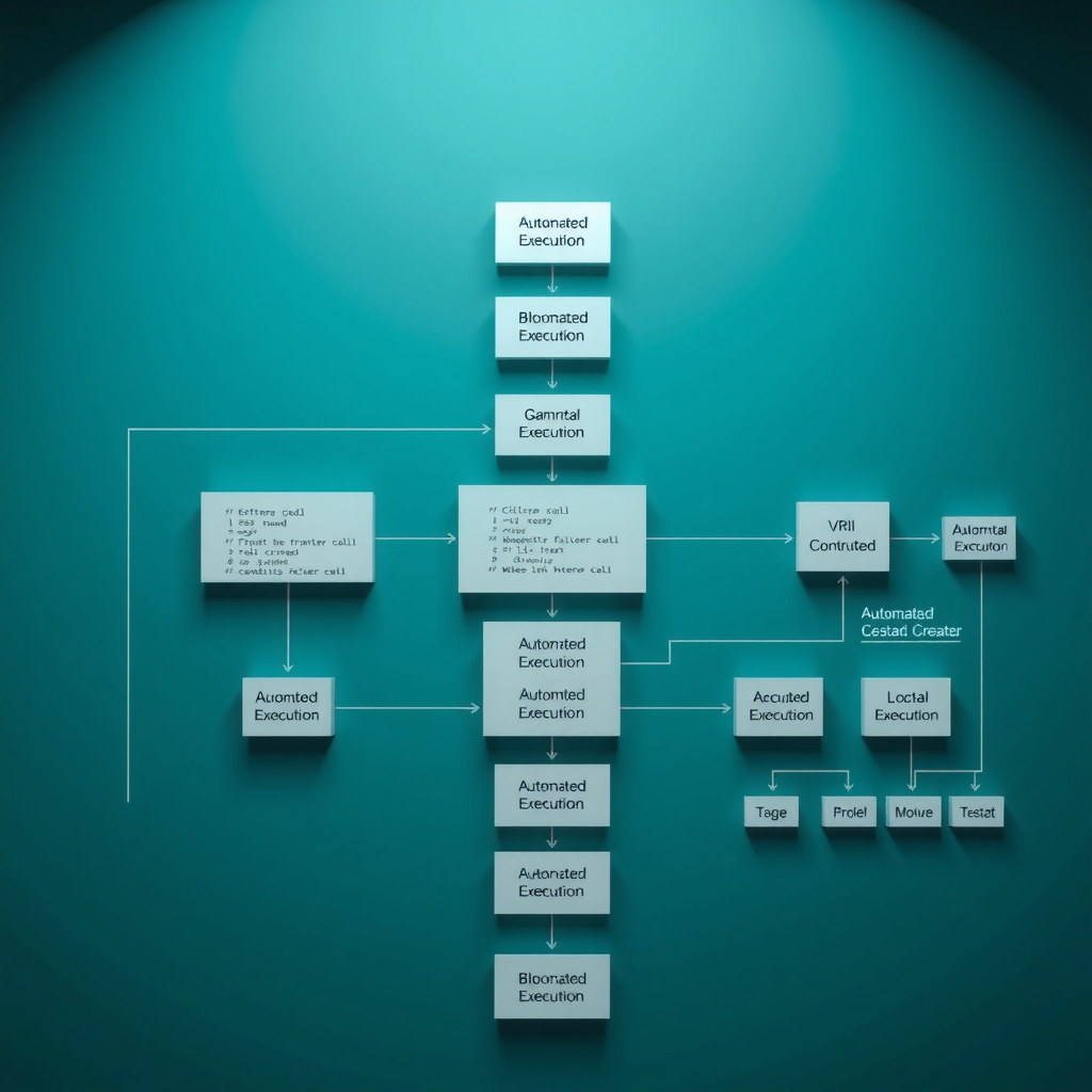 Detailed technical diagram showing smart contract architecture with code blocks, blockchain nodes, and automated execution flows on a deep teal background