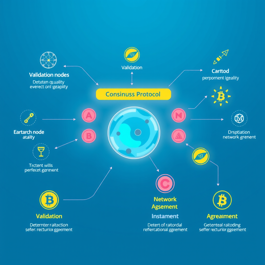Infographic showing various consensus protocol mechanisms with validation nodes, cryptographic symbols, and network agreement visualization on electric blue background