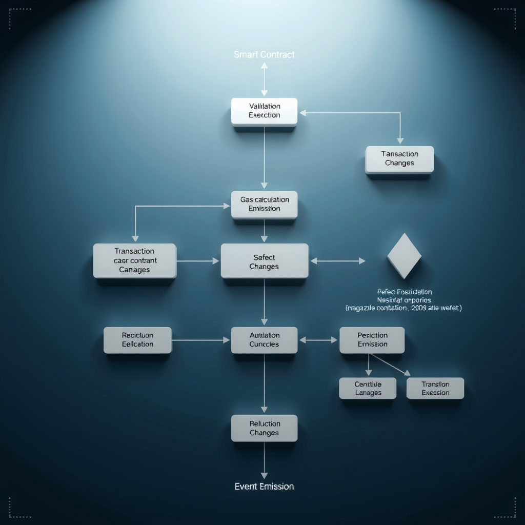Flowchart diagram illustrating smart contract execution process from transaction initiation through validation, gas calculation, state changes, and event emission. Technical visualization of blockchain transaction lifecycle