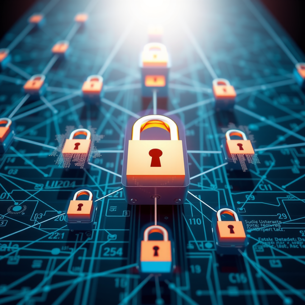 Conceptual illustration of decentralized storage security showing encrypted data fragments distributed across a network with cryptographic keys, featuring lock symbols and secure connections between nodes