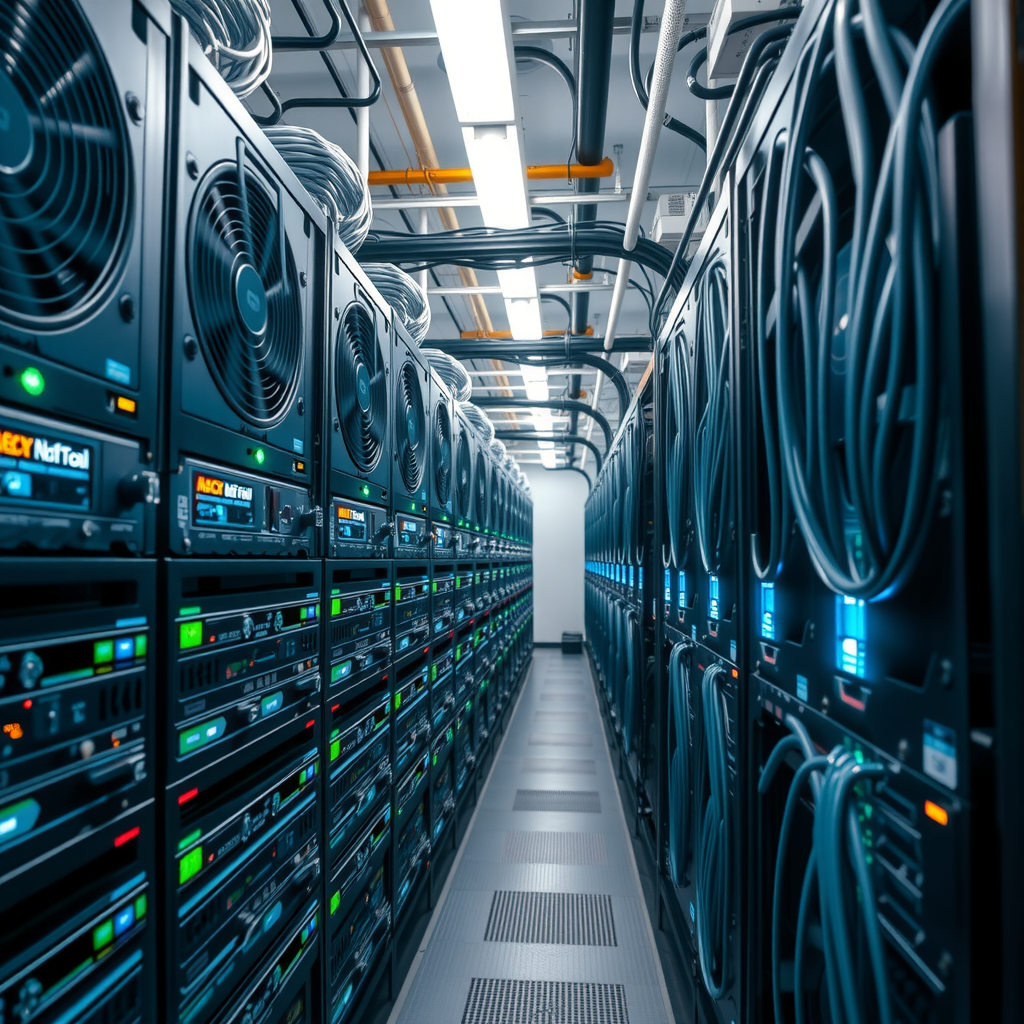 Modern cryptocurrency mining facility showing rows of specialized ASIC mining hardware with cooling systems, LED indicators, and network cables, representing the computational infrastructure of Proof of Work