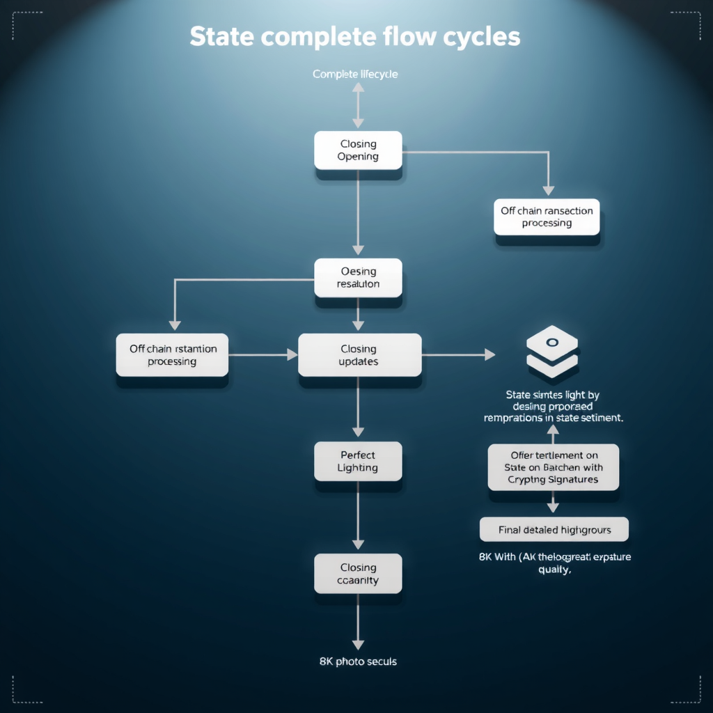 Detailed flowchart showing the complete lifecycle of a state channel from opening to closing, including channel establishment, off-chain transaction processing, state updates, and final settlement on blockchain with cryptographic signatures