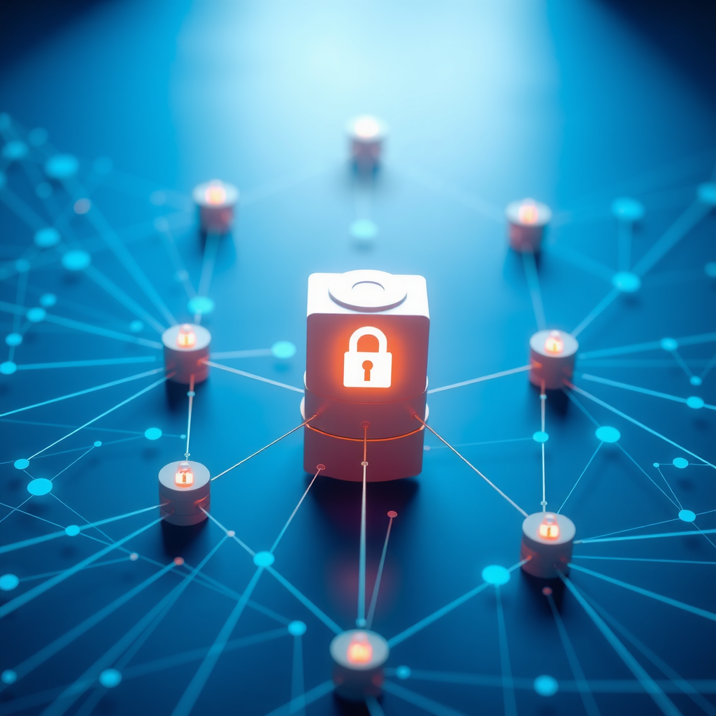 Visual representation of decentralized storage network with interconnected nodes, data blocks distributed across peer-to-peer network, and secure encryption symbols on electric blue background