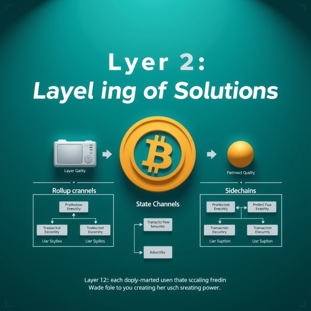 Technical illustration of layer 2 scaling solutions showing rollup technology, state channels, and sidechains with transaction flow diagrams on deep teal background