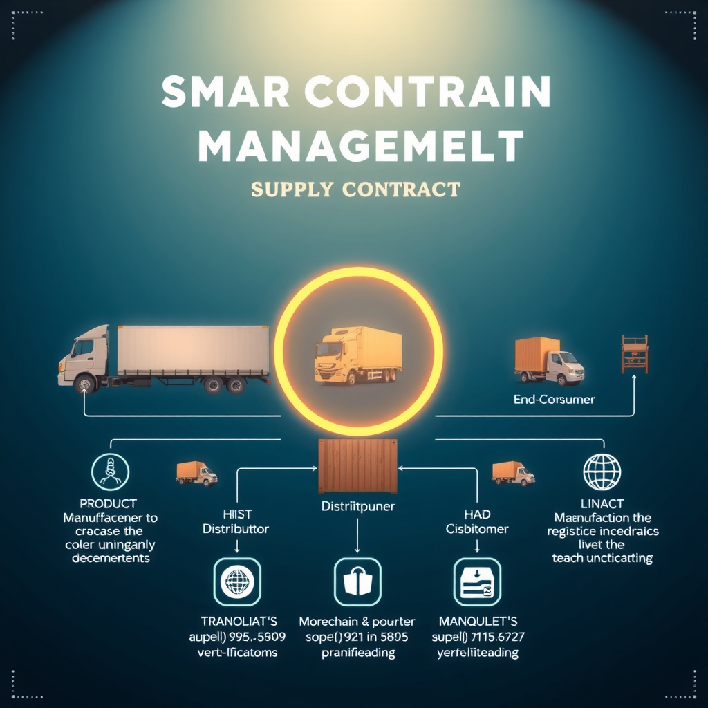 Infographic showing supply chain management system powered by smart contracts, displaying product journey from manufacturer through distributors to end consumer with blockchain verification at each step. Visual representation of transparent logistics tracking