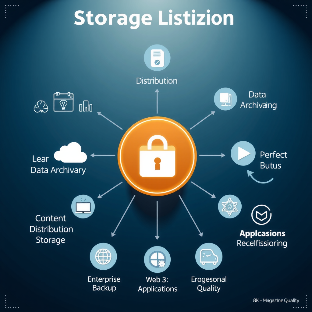 Infographic showing various use cases for decentralized storage including content distribution, data archival, enterprise backup, and Web3 applications, with icons and connecting lines illustrating the ecosystem