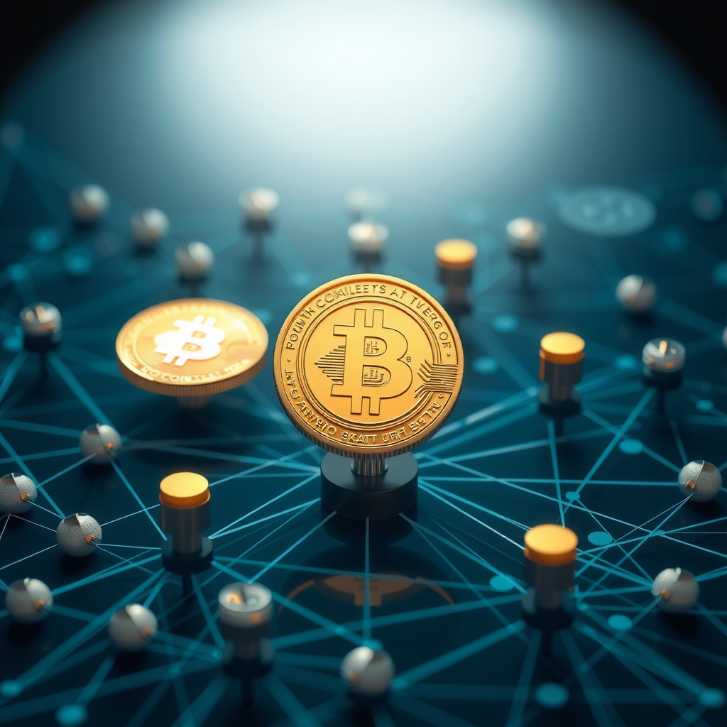 Conceptual visualization of Proof of Stake showing digital coins being locked in smart contracts, with validator nodes connected in a network pattern, representing the staking process and validator selection