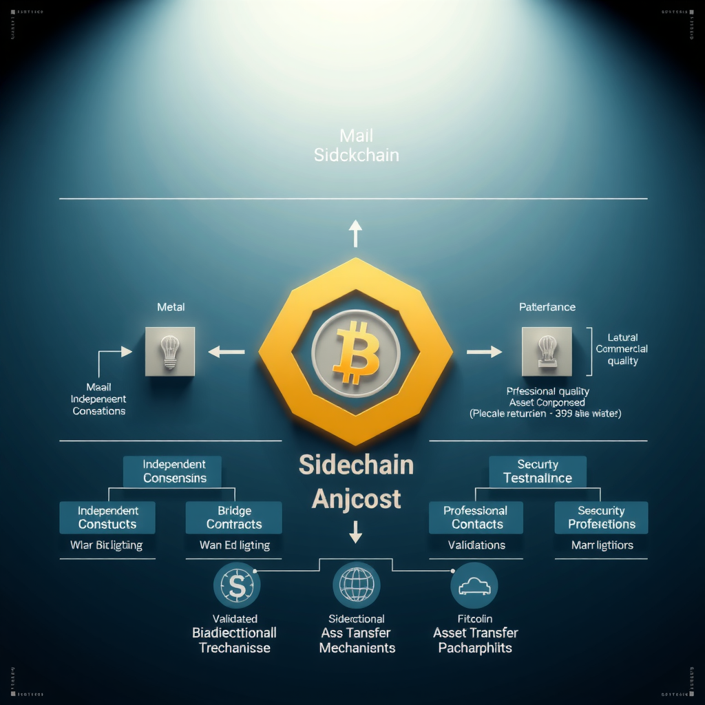 Comprehensive technical diagram of sidechain architecture showing main blockchain, sidechain with independent consensus, bridge contracts, validators, and bidirectional asset transfer mechanisms with security checkpoints