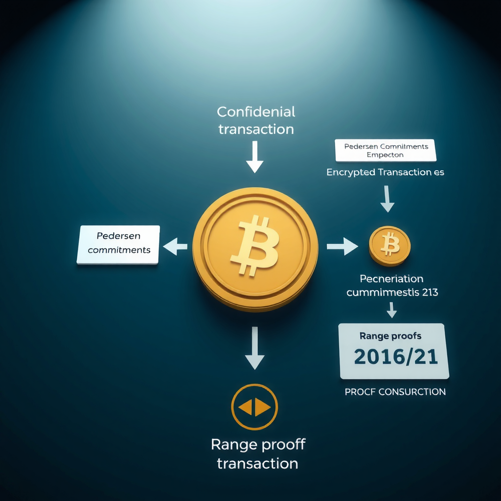 Technical diagram showing confidential transaction process with encrypted amounts, Pedersen commitments, and range proofs in professional blockchain visualization style