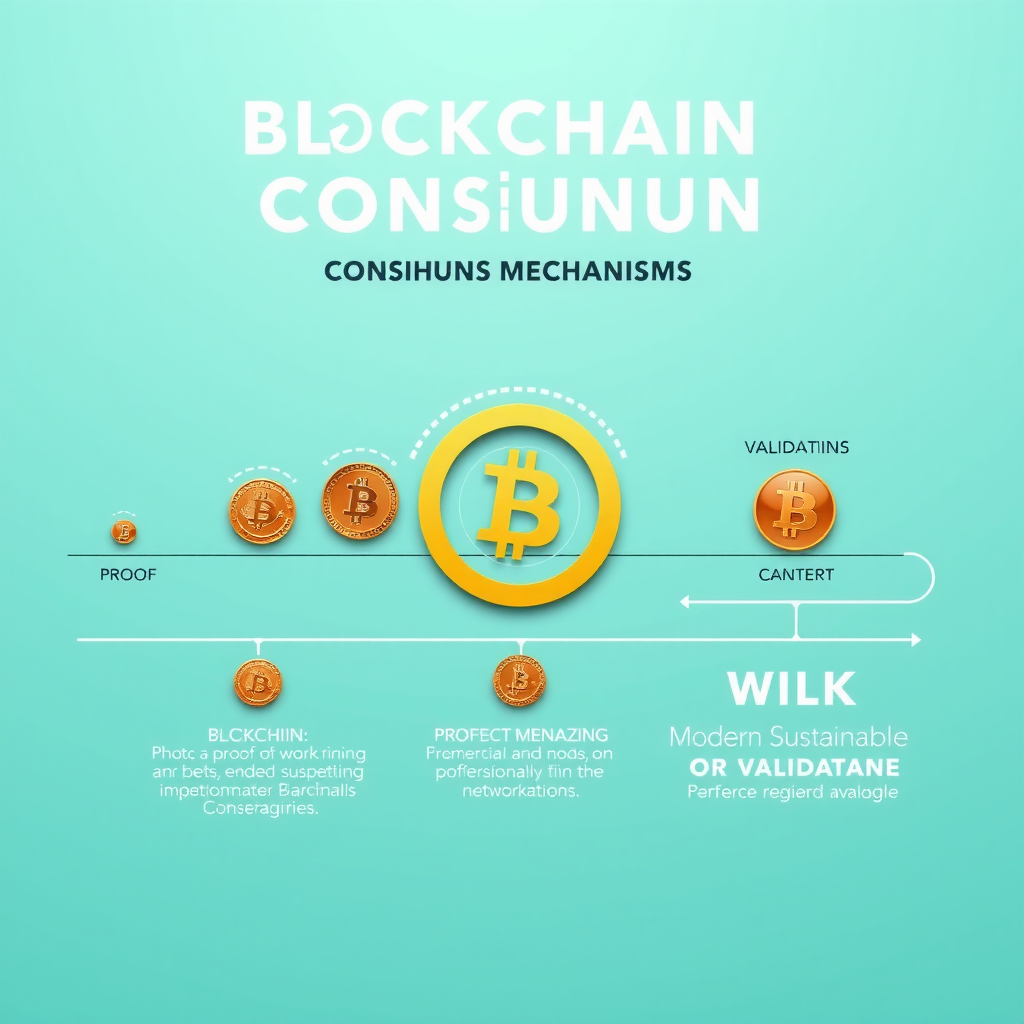 Infographic showing evolution of blockchain consensus mechanisms from proof of work mining to modern sustainable alternatives with network nodes and validation processes on light teal background
