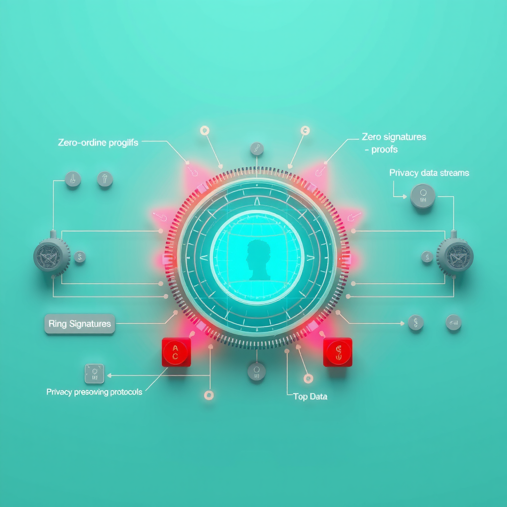Cryptographic visualization showing zero-knowledge proofs, ring signatures, and privacy-preserving protocols with encrypted data streams on light teal background