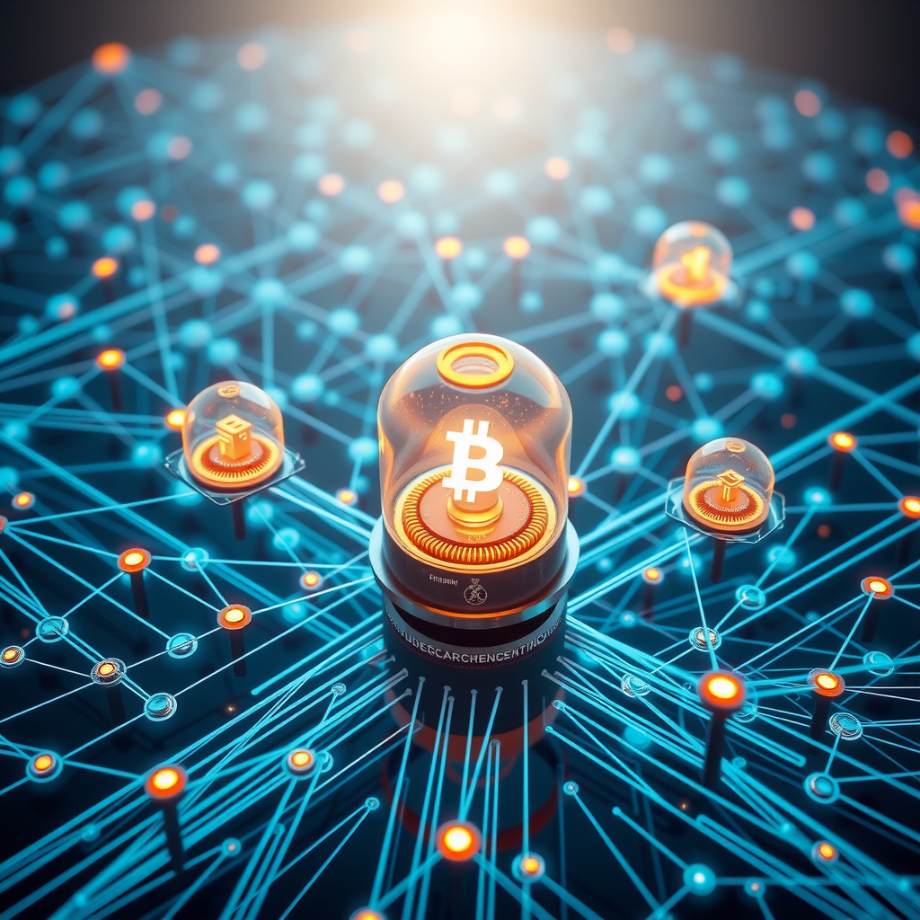 Futuristic visualization of advanced blockchain infrastructure with interconnected smart contracts, layer-2 scaling solutions, cross-chain bridges, and privacy-preserving technologies. Conceptual representation of next-generation decentralized systems