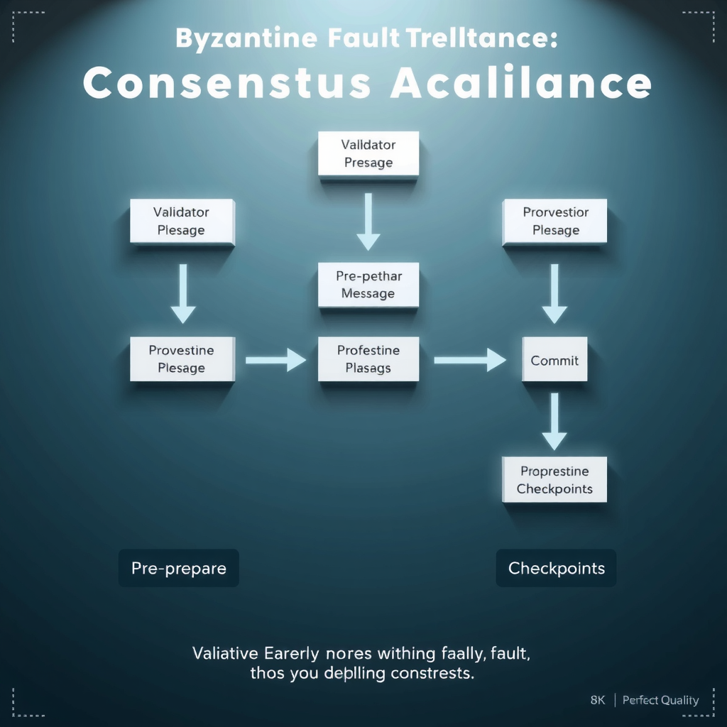 Diagram showing Byzantine Fault Tolerance consensus rounds with validator nodes exchanging messages through pre-prepare, prepare, and commit phases, illustrated with arrows and checkpoints