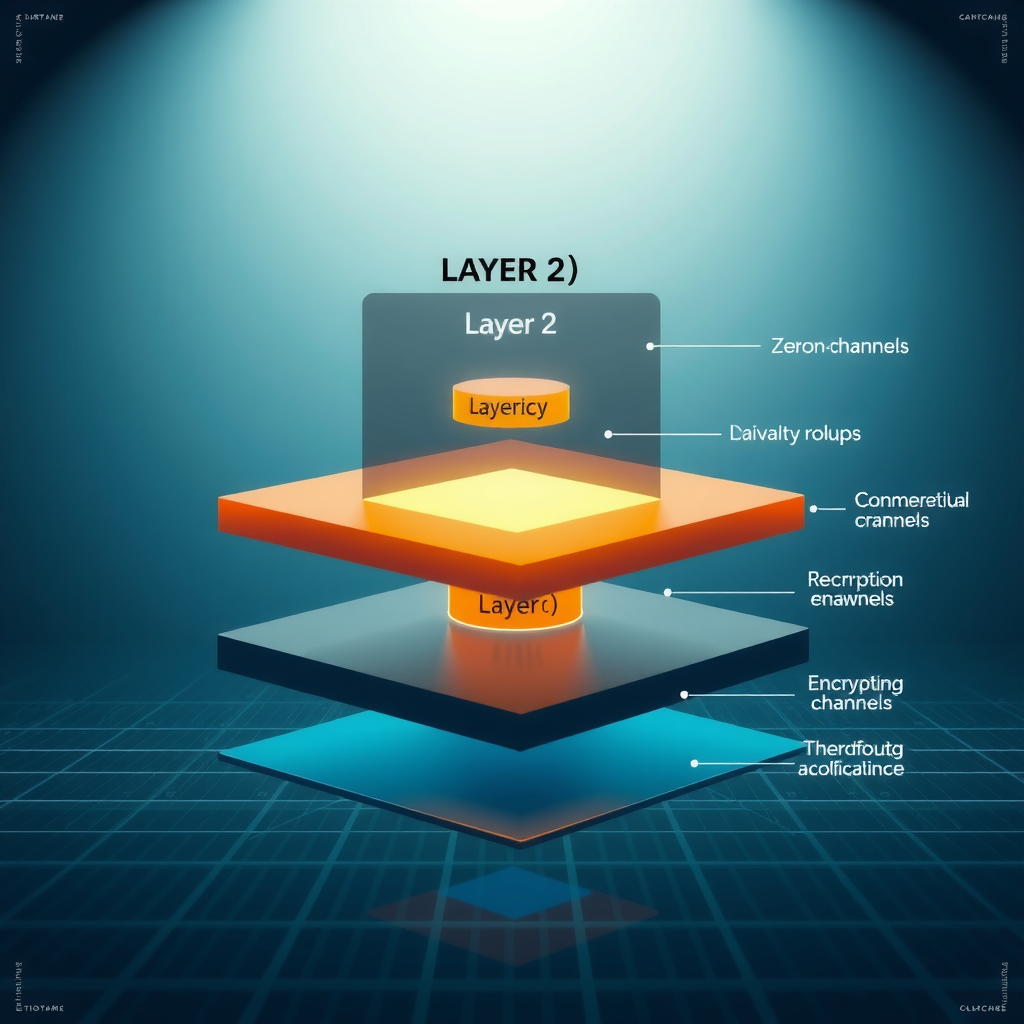 Layered architecture diagram showing Layer 2 privacy solutions built on top of base blockchain, with encrypted channels and zero-knowledge rollups in technical illustration style