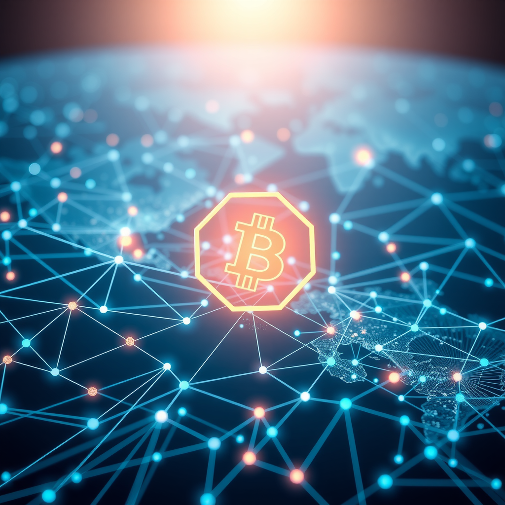 Futuristic visualization of blockchain technology evolution showing interconnected global networks and advanced decentralized infrastructure