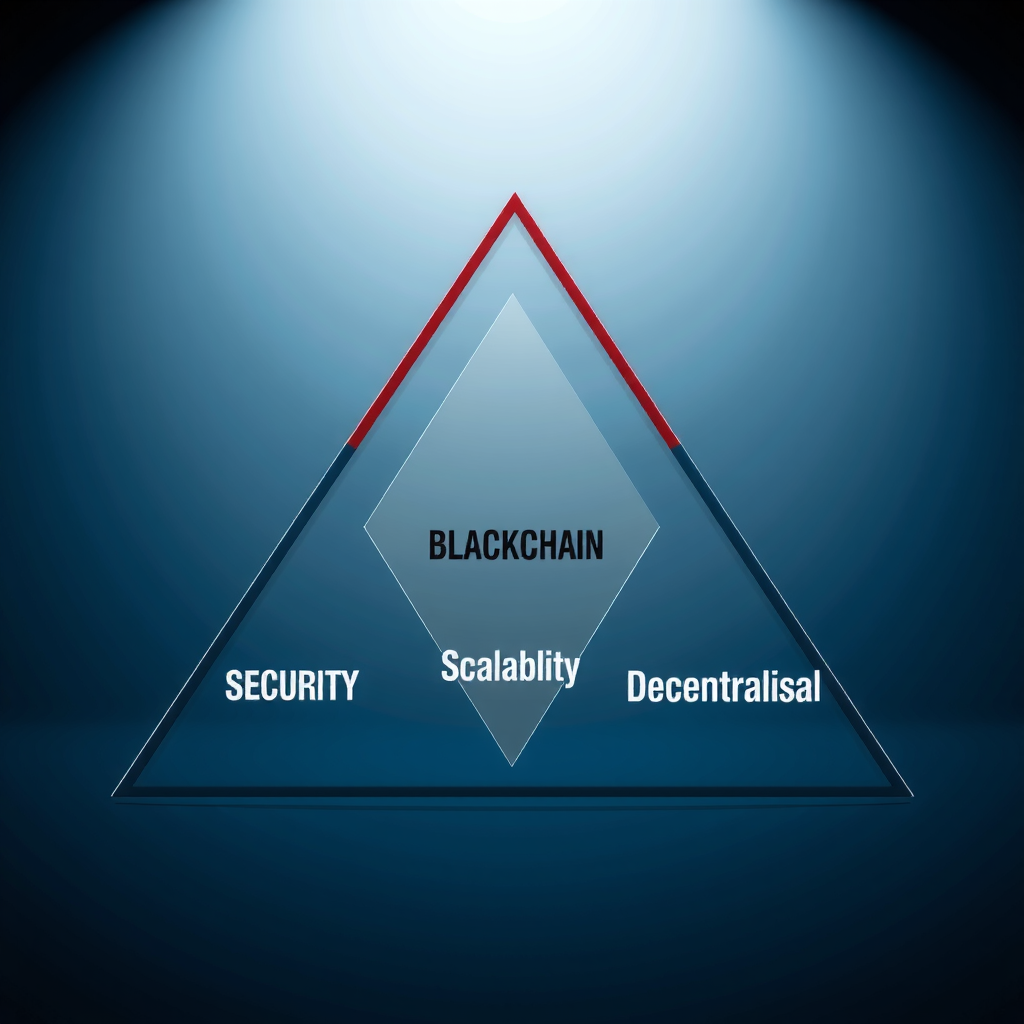 Triangle diagram illustrating the blockchain trilemma with three vertices labeled Security, Scalability, and Decentralization, showing the balance and trade-offs between these three properties